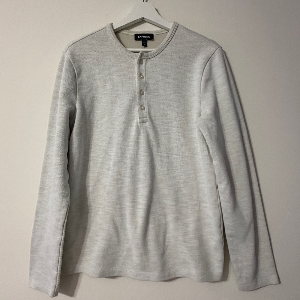 Express Heather White Beige Long Sleeve Henley